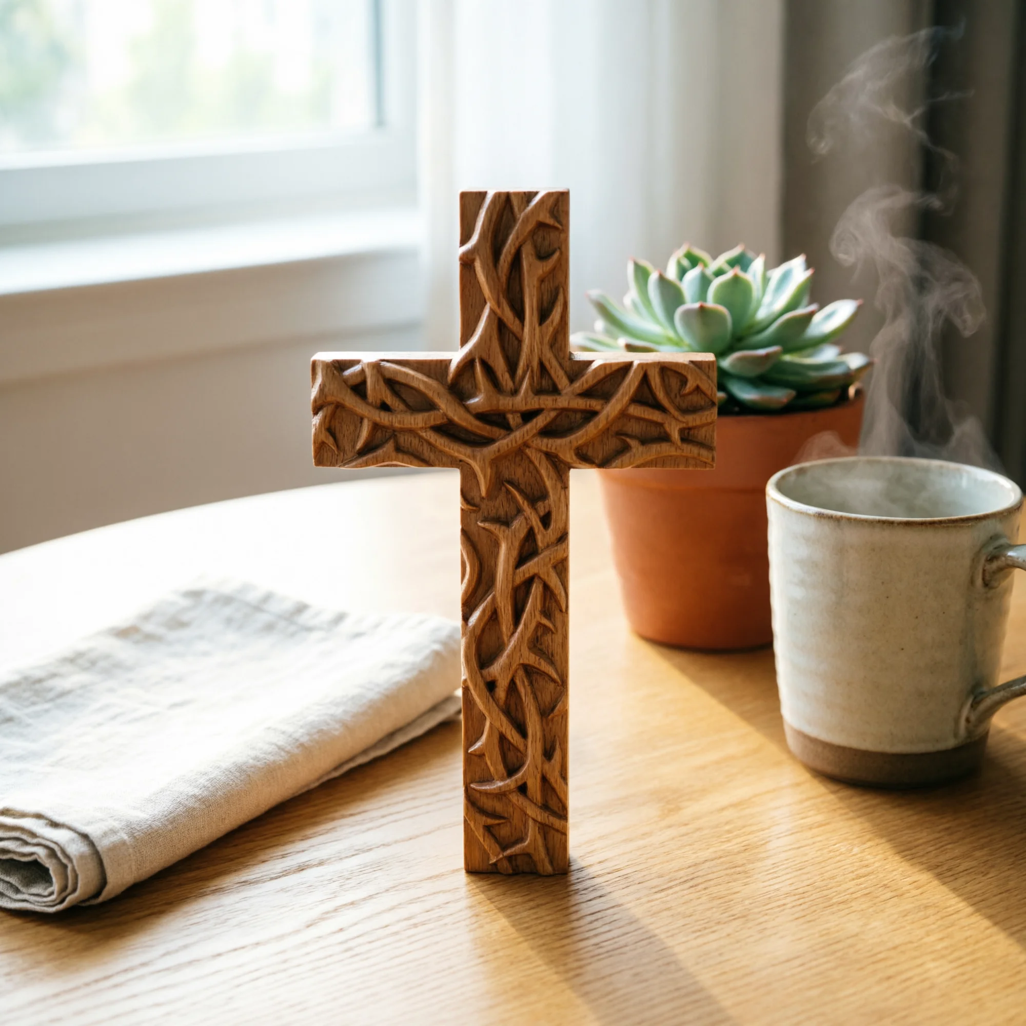 Carved Wooden Thorns Cross Wall Hanging Ornament Natural Wood Thorn Pattern Cross Christian Religious Wall Decor Faith Home Deco