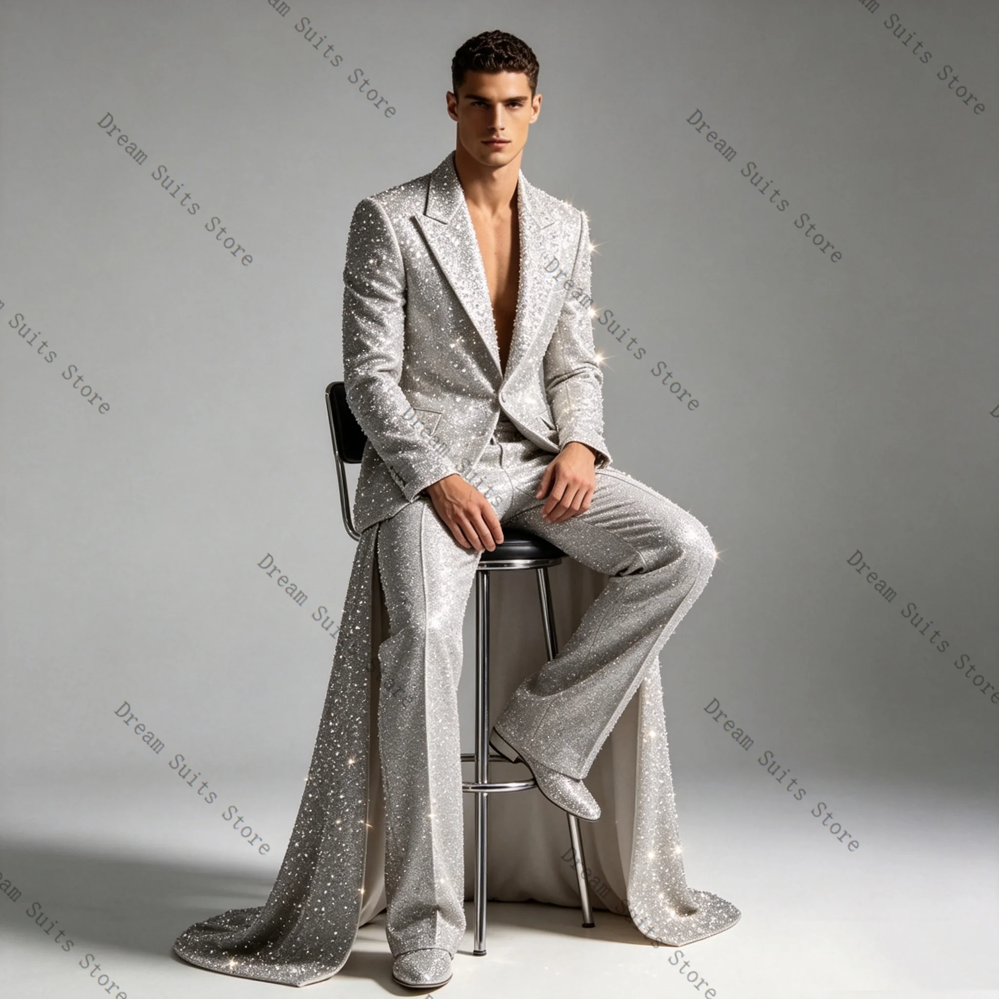 

Shiny Silver Men Suit Set 2 Pcs Blazer+Pants Trousers With Train Customized Formal Office Jacket Wedding Tuxedos Prom Coat