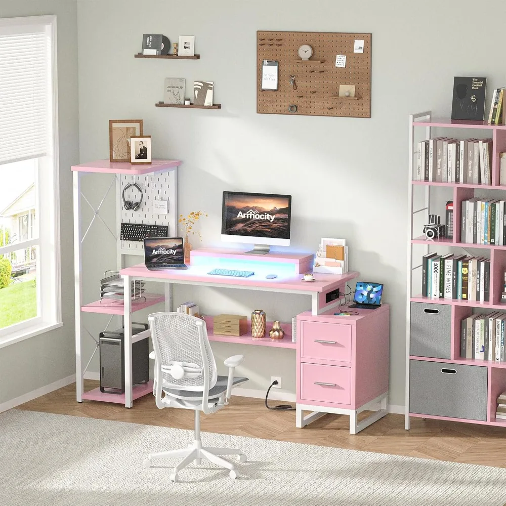 Computer Desk with 2 Fabric Drawers - Reversible Home Office Desk with Power Outlet & LED Lights, 53 Writing Desk with Monitor S