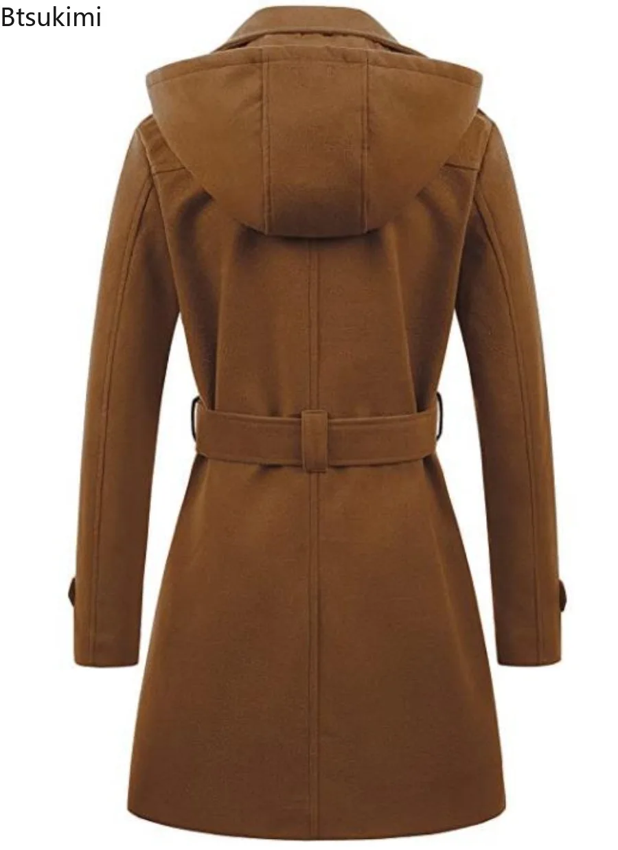 Woman Hooded Jackets Mid-length Double-breasted Ladies Overcoats Woolen Lapel Turndown CollarTop Winter Warm Jacket Streetwear