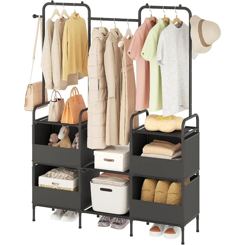 Clothes Rack,3 Rods Portable Clothing Hanging Garment Rack,Coat and Shoe Rack with 4 Storage Shelves and 4 Storage Pockets