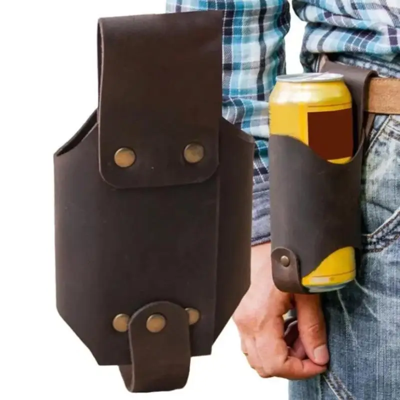[New] PU Leather Beer Can Holder Adjustable Waist Belt For 330ml/500ml, Waterproof Men's Outdoor Travel Accessory