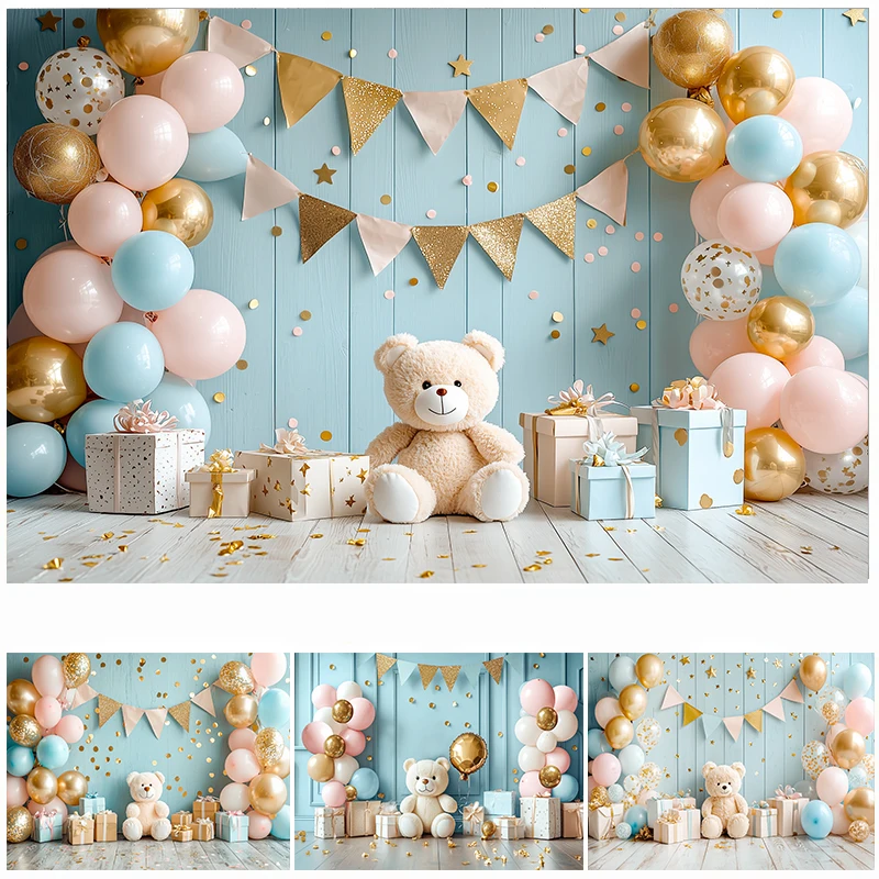 

LS Photography Backdrop Kids Birthday Party Baby Shower Cake Smash Photo Backdrop Balloons Cute Bear Decor Props