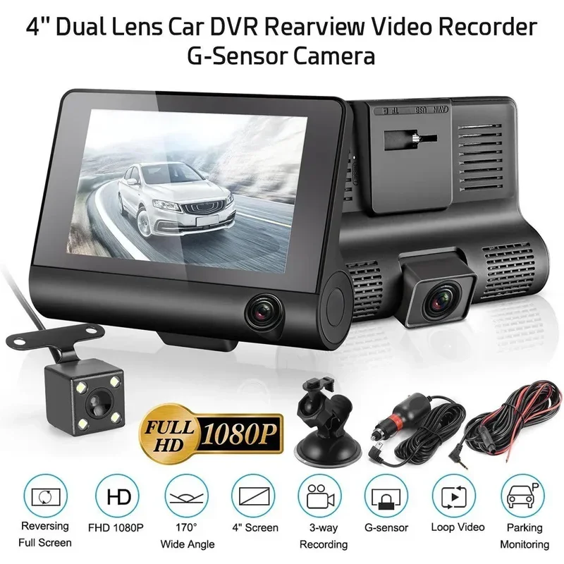 4 inch Black Box Car DVR Dashcam Dash Camera IPS HD Screen 1080P Dual Lens Video Recorder Front   Interior View Camera Dash Cam