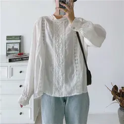 Johnature New Korean Linen Womens Tops And Blouses 2024 Autumn Vintage Hollow Out Loose Solid Color Female Shirts