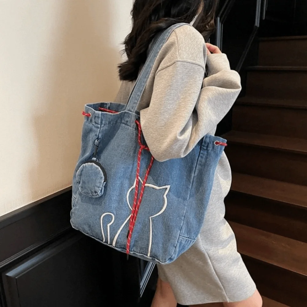 

Casual Vintage Women Tote Bags Denim Y2k Kitty Shoulder Bags Harajuku Large-capacity Drawstring Bag Handbag