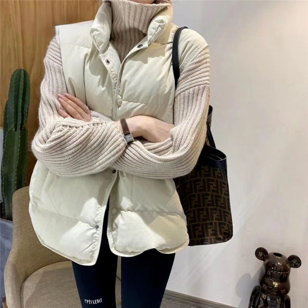 2024 New Body Warmer Women\'s Down Cotton Vest Jacket Loose White Down Cotton Thick Waistcoat Vest Zipper Coat