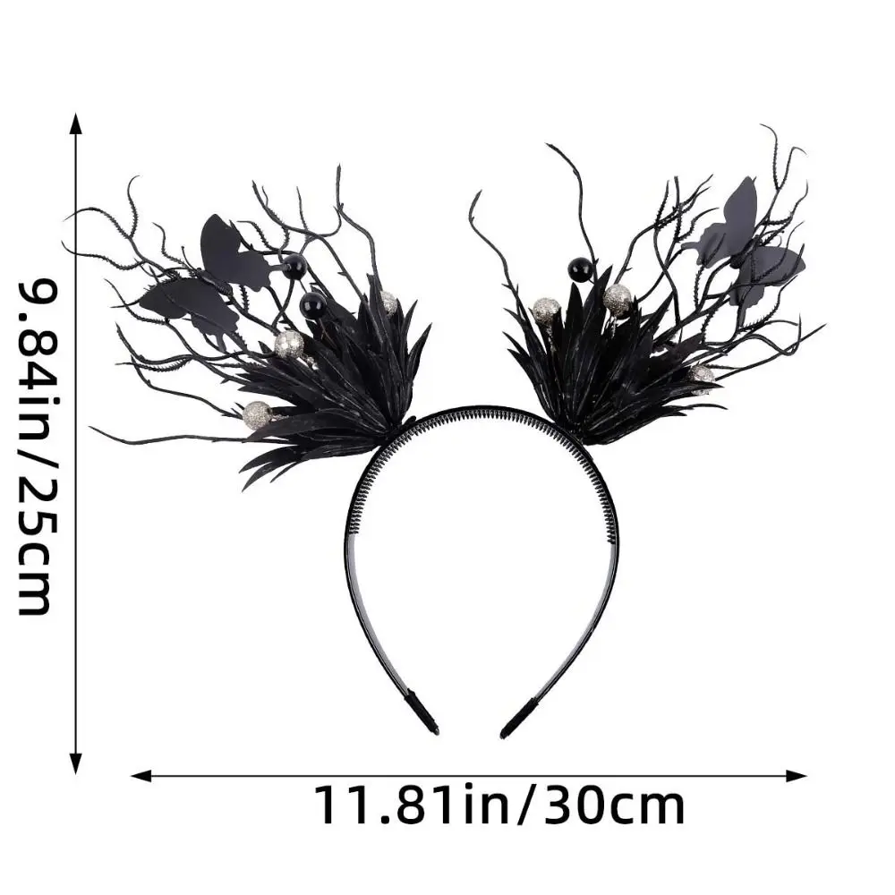 ที่คาดผมฮาโลวีนตลก ผีเสื้อสีเข้ม มุก กิ่งก้านเขากวาง ที่คาดผมมือผี อุปกรณ์ตกแต่งผมสำหรับเทศกาล