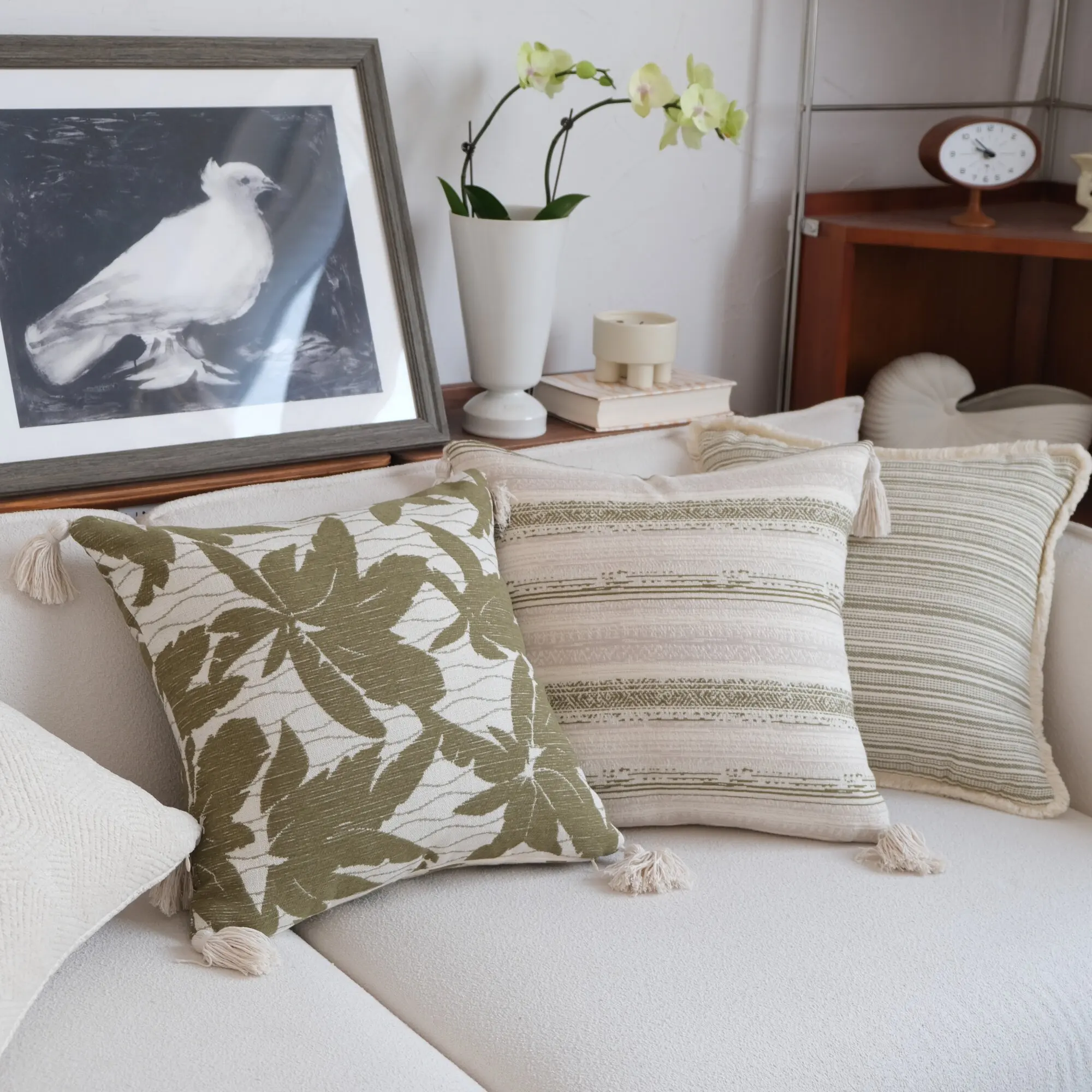 Olive Green & Beige Floral Pillowcase Cushion Cover Mid-Century Plant / Stripe Vintage Pillow Cover Bed Backrest