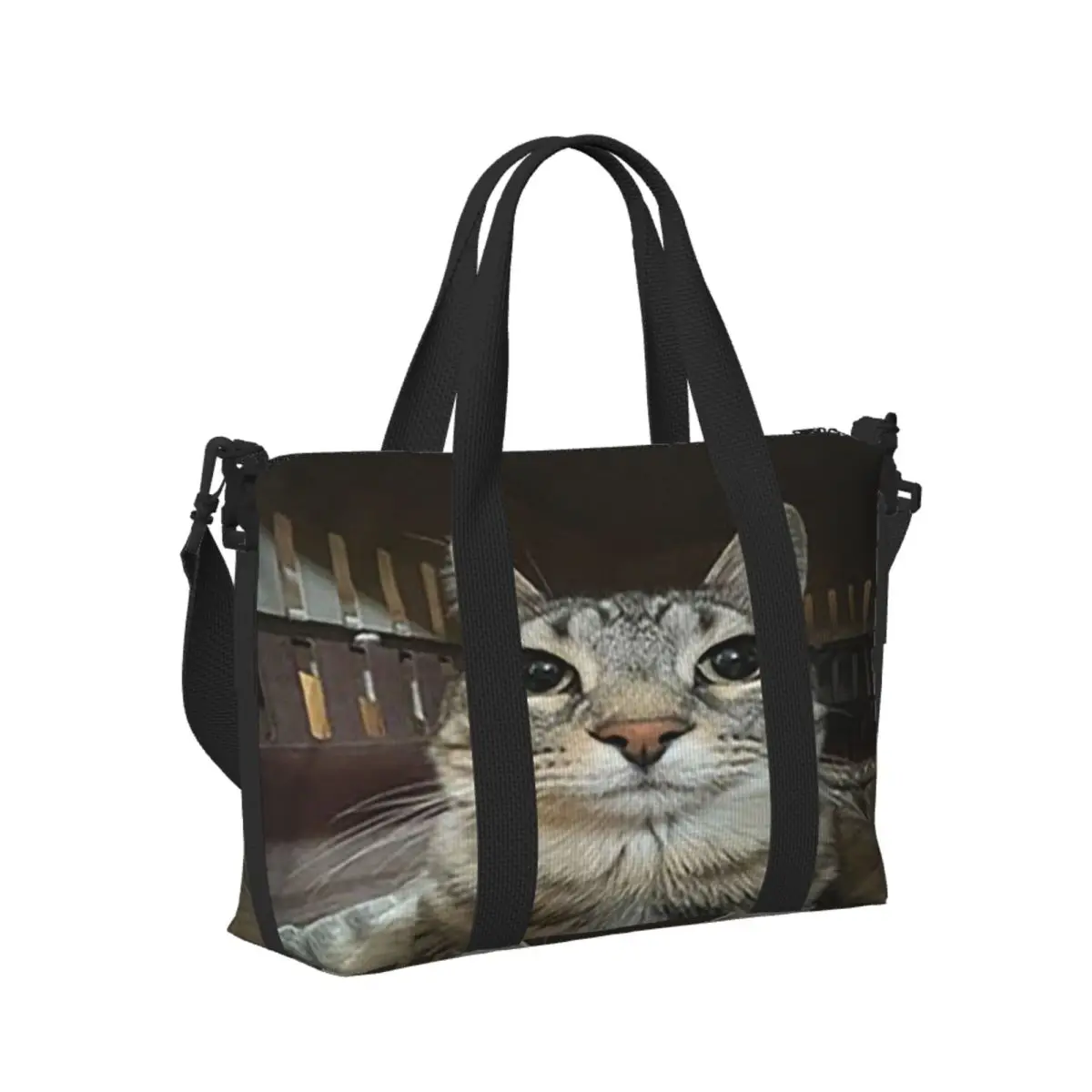 

Custom Cat Looking Directly At You Beach Travel Bag Large Capacity Tote Bags for Gym Yoga Women Shopping Duffle Shoulder Bag
