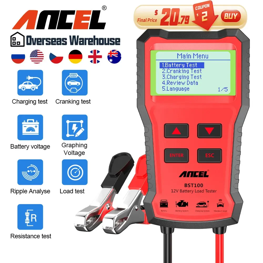 ANCEL BST100 Car Battery Tester 12V Battery Analyzer Cranking Charging CircuitTest Battery Tester Auto Diagnostic Tools PK BM550