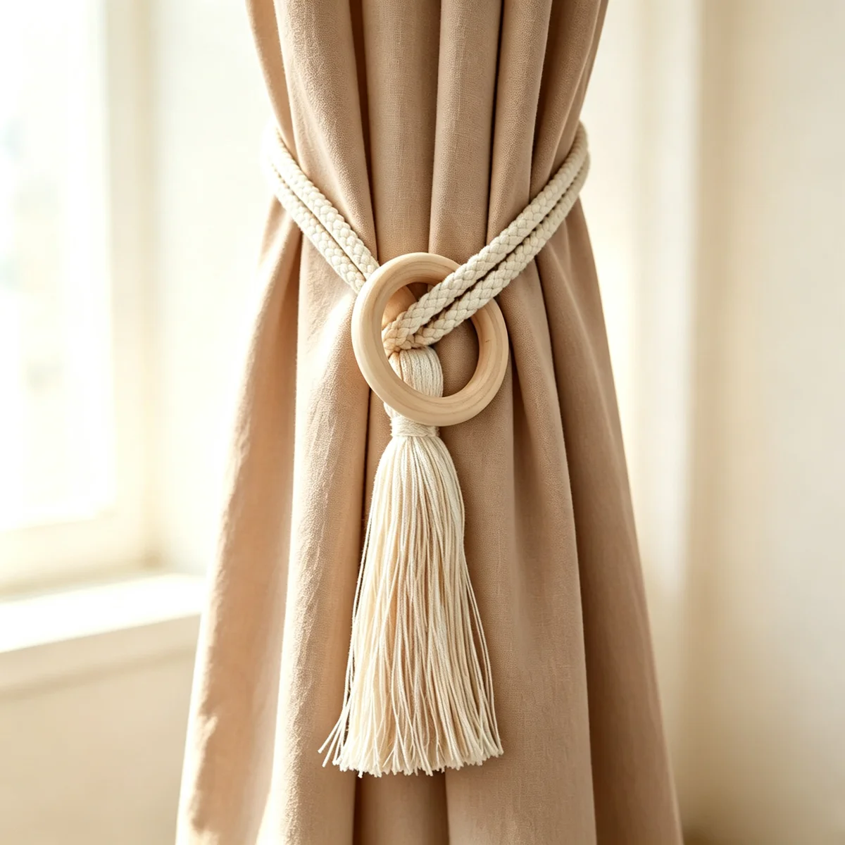 Boho Wooden Ring Braided Cotton Curtain Tiebacks with Tassel 2Pcs, Woven Window Curtain Holdbacks Home Decor Accessories