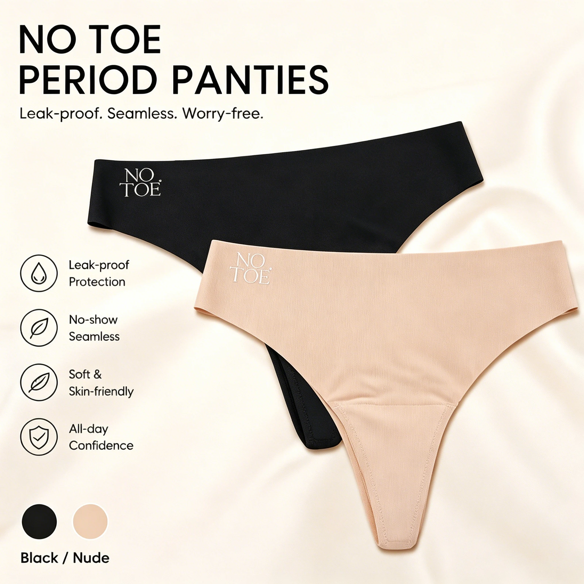 Black & Nude Seamless Period Panties for Women – Invisible Under Clothing, Leak-Proof, Ultra Soft, Breathable, Machine Washable