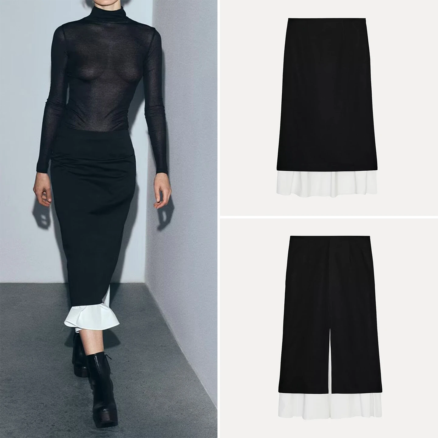 

Faionable Midi Skirt 2025 Autumn Collection Ladies' Partial Skirt Bla White Splicing Stand Fit Daily Wear Z