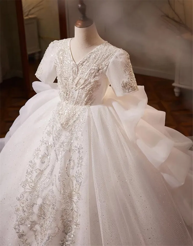 Vestido de baile de lujo para niña de las flores para boda, corsé trasero con tren largo, vestido de princesa para niño, vestido de primera comunión