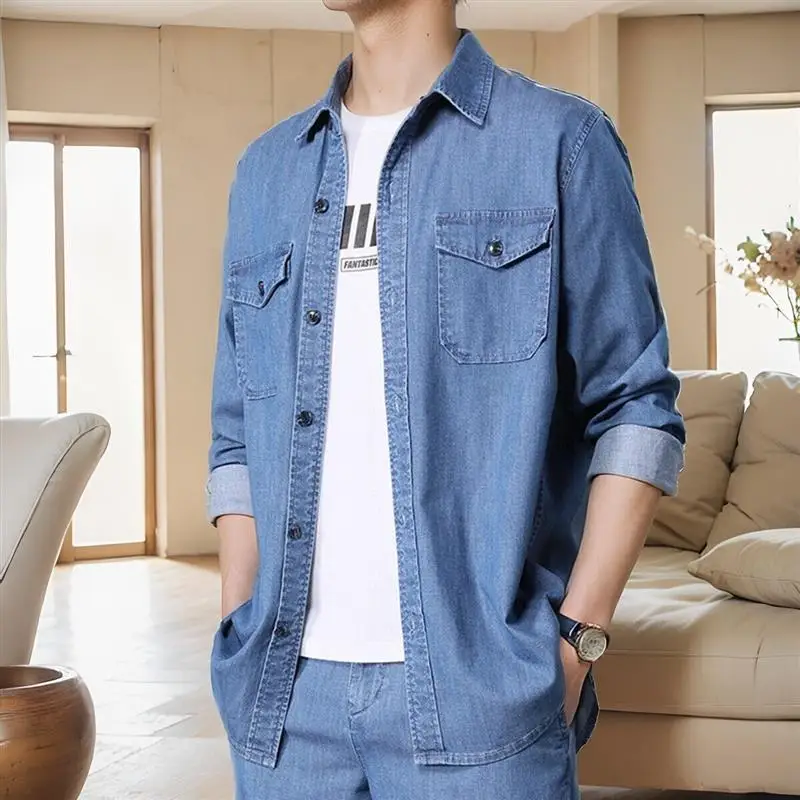 

Loose Fit Long Sve Ice Silk Ultra-Thin Denim irt Men's Spring Summer Breathable Faion Urban Sle Youth ort Sve