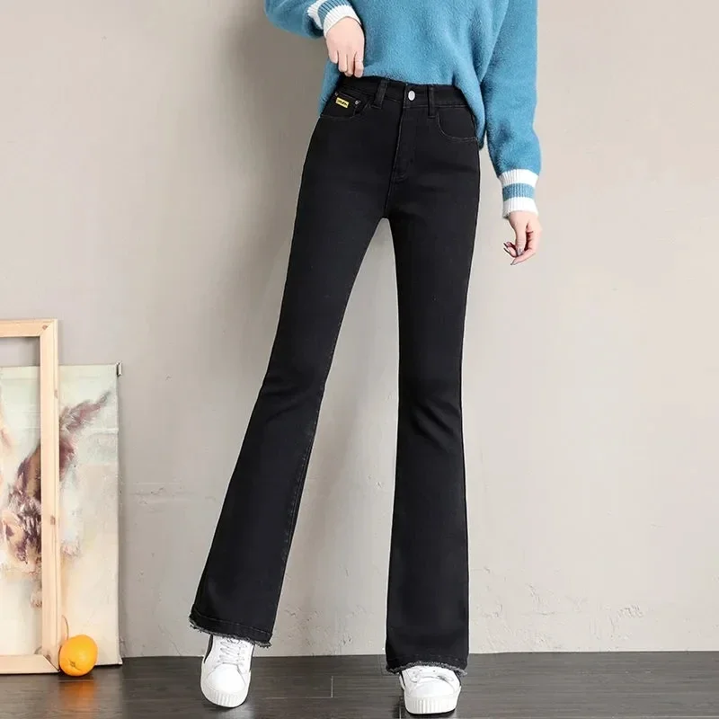 Vintage Plush Lined Flare Jeans Winter Warm Casual Skinny Vaqueros Thicken Stretch Denim Pants High Waist Women\'s Bell-bottoms