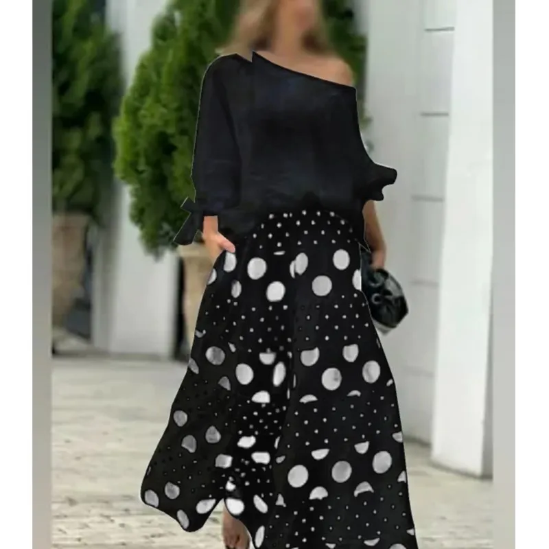 春夏のファッションプリント女性のセットツーピースボヘミアンカジュアルワンネックオフショルダー長袖トップルーズキュロットスーツ女性