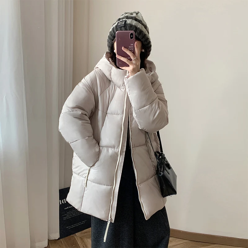 Winter Women Mid-Length Parkas Coat Women Pocket Casual Hooded Down Cotton Coat Full Zipper Windproof Warm Quilted Jacket Mujer