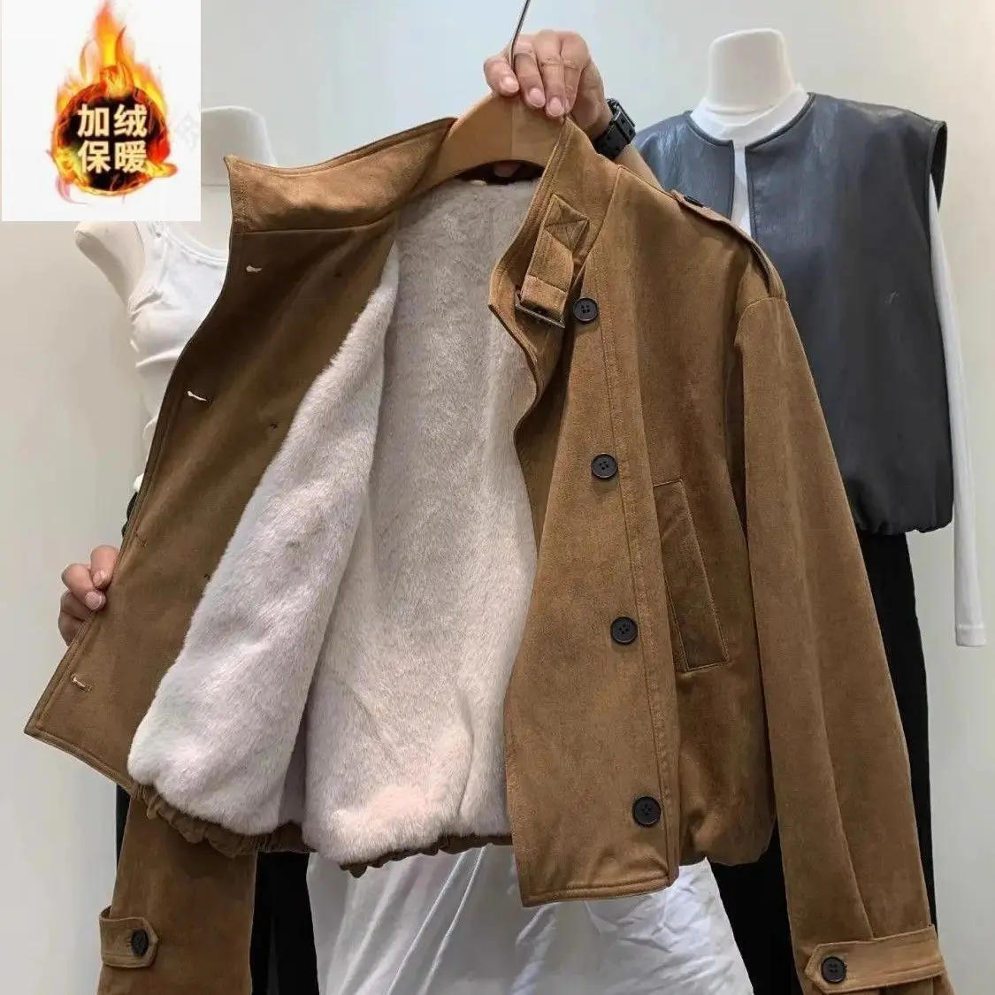 Lined Thickened Imitation  Jacket For Women 2026 Winter New Stand Collar Double-Breasted Warm Short  Coat