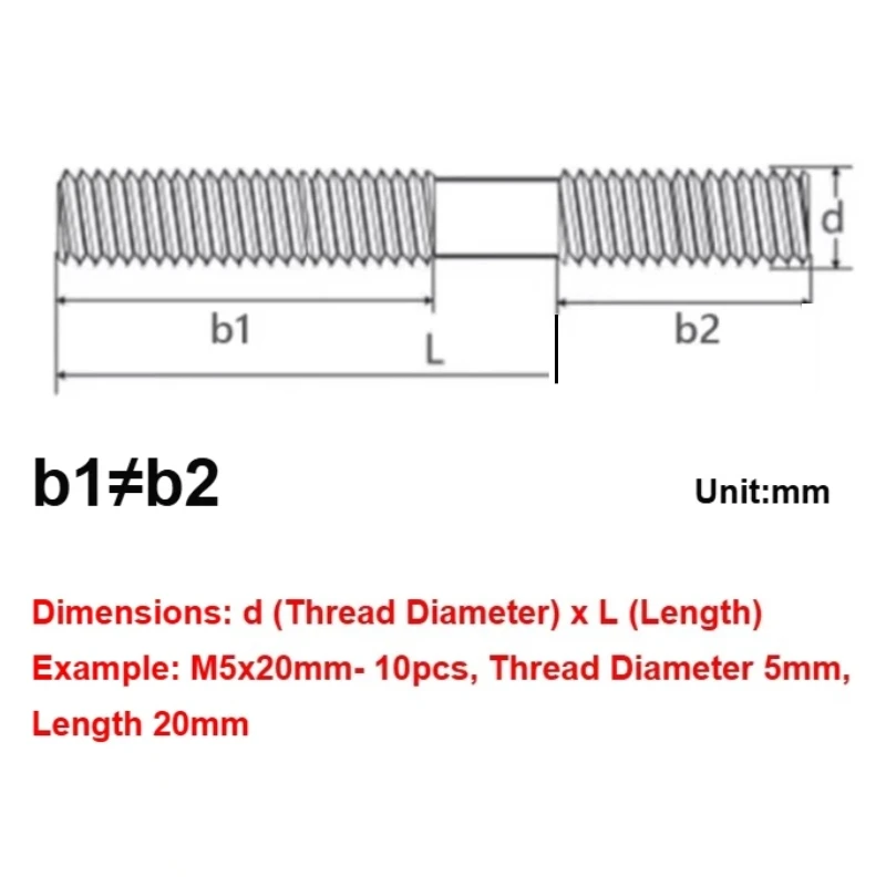 304 Stainless Steel Unequal Length Double Bolts Screws M5 M6 M8 M10 M12 Dual Thread Bar Length 20mm~90mm