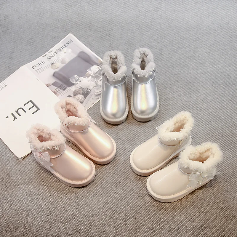 Toddler Girls Winter Snow Boots, Pearl Bow Decor, Shiny Upper, Fleece Lined, Non Slip Sole for Cold Season Daily Wear