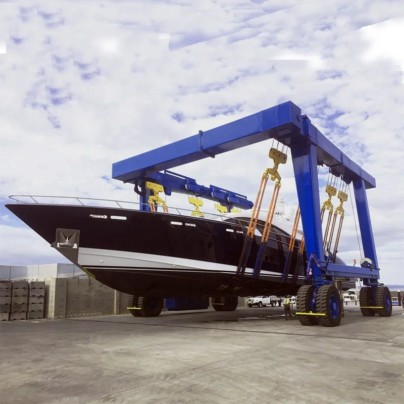 100T Mobile Gantry Crane Marine Travel Lift Professional Vessel Yacht Lifting Gear With Anti-scratch Soft Slings For Marina Dock