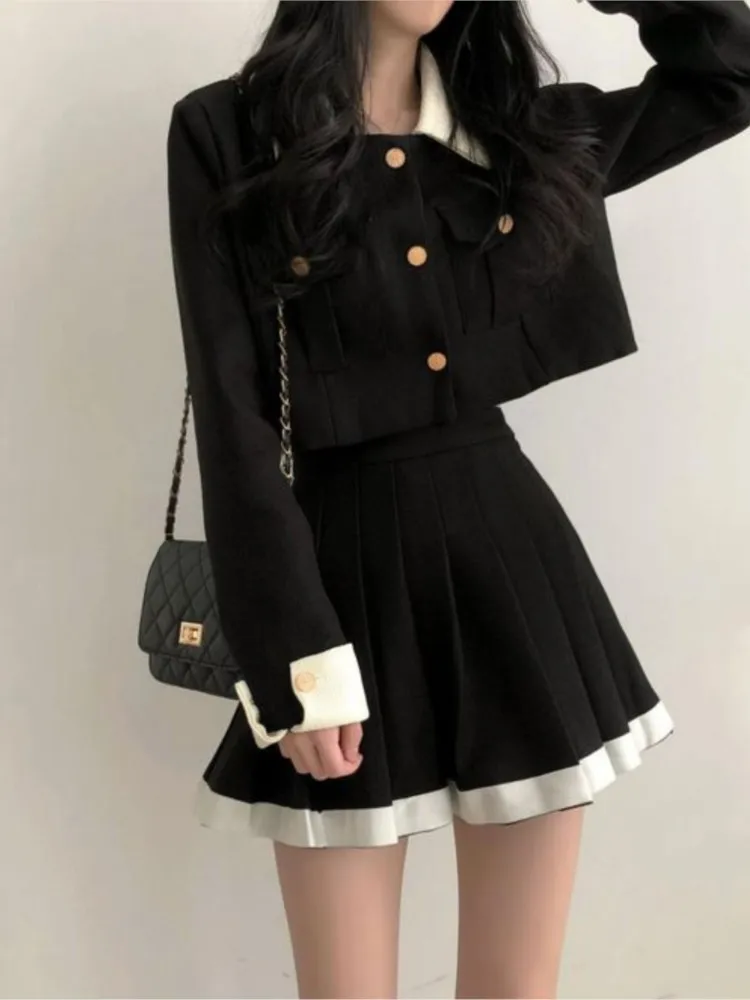 Elegant Women Skirts Suit Vintage Single Bresated Jackets Pleated Mini Skirts Two Pieces Set Korean Fashion Female Chic Clothes