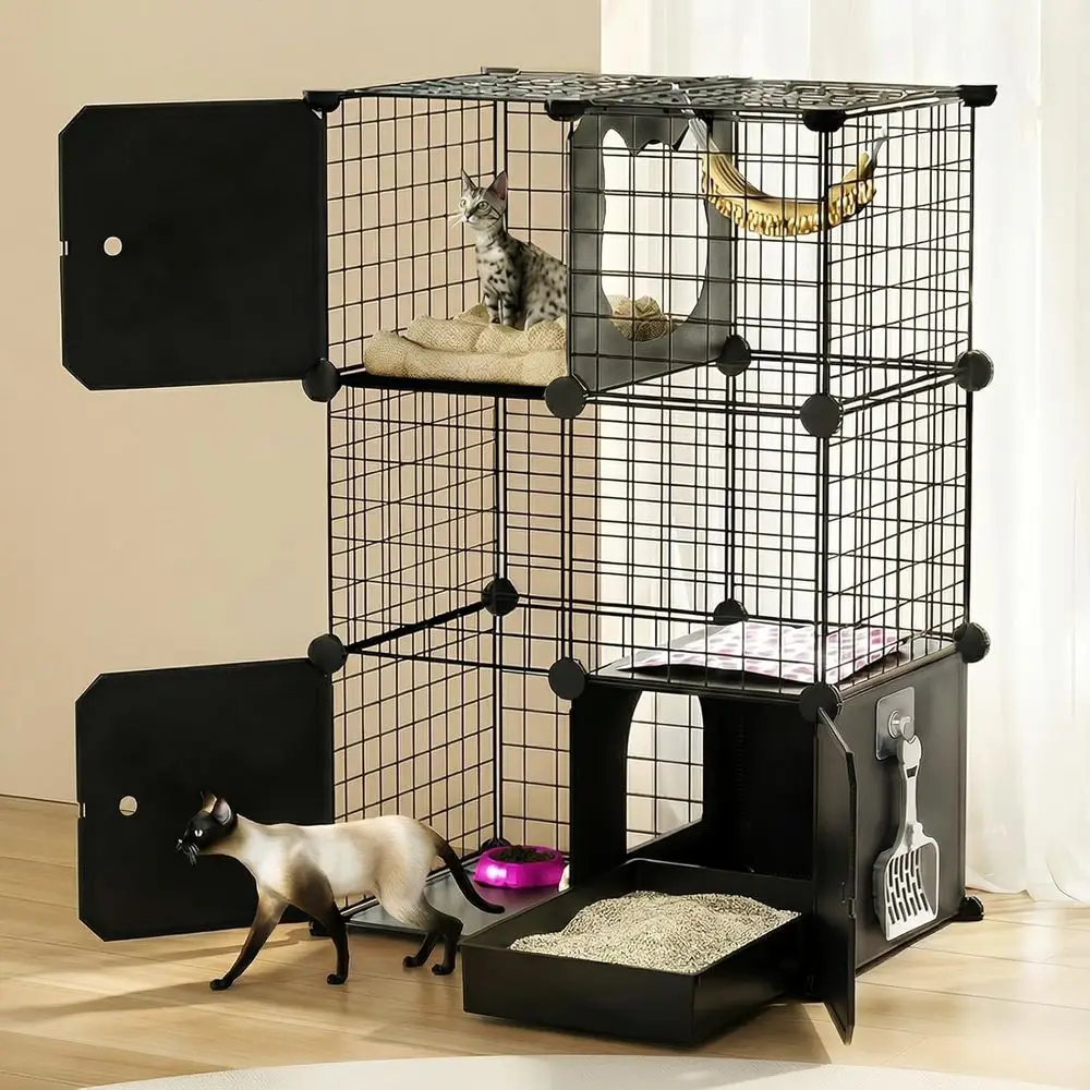 

Indoor 3-Tier Metal Cat Enclosure with Litter Box, DIY Detachable for Cats and Small Animals, Multi-Level Kennel