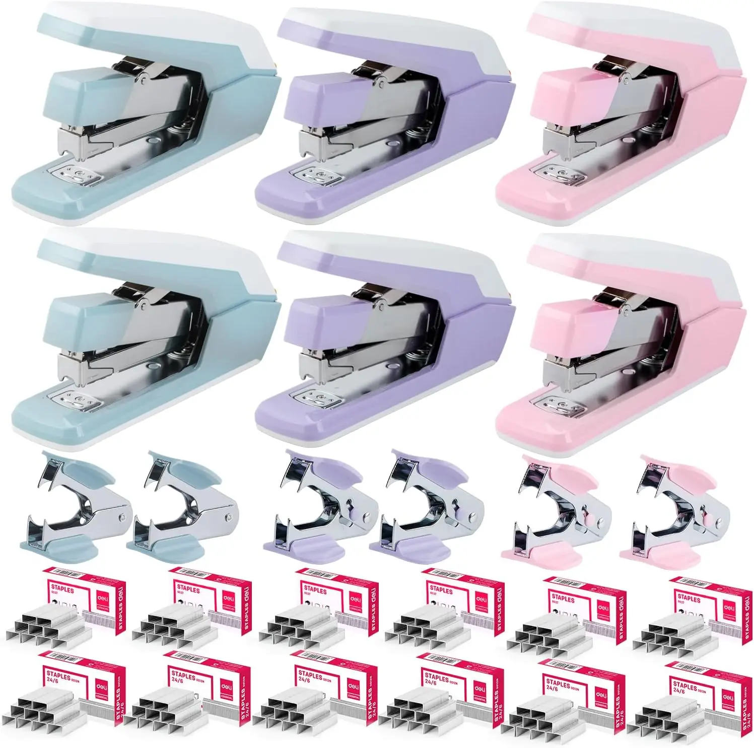 

Effortless Desk Stapler, 40-50 Sheet Capacity, One-Touch Operation with Staple Remover & 1500 Staples, 6-Pack in 3 Colors
