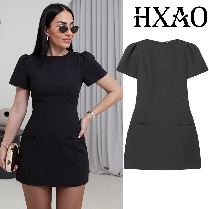 

Женское платье HXAO черного и коричневого цвета с пышными рукавами, элегантное праздничное платье для женщин, весенне-летнее приталенное плиссированное офисное платье