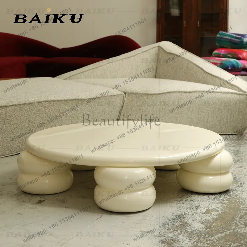 Cream table, small household solid wood glossy round table, B&B round coffee table