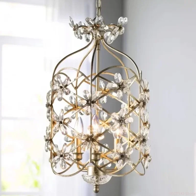 GHEUVNJ American countryside crystal birdcage pendant light luxury classical countryside restaurant study crystal flower pendan