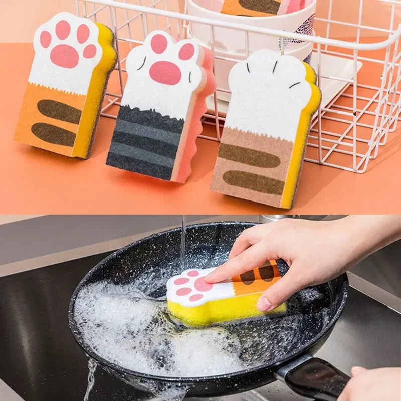 3Pcs Cat Claw Sponge Wiping Decontamination Brush Pot Dishwashing Sponge Block Cleaning Brush For Household Cleaning Supplies