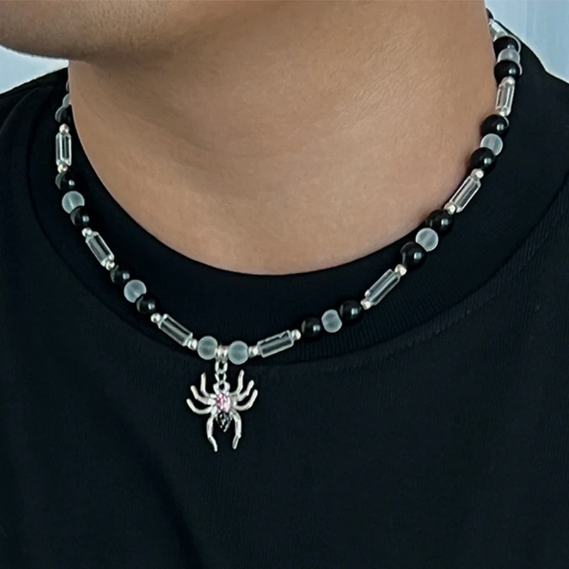 

KunJoe Creative Acrylic Square Tube Beads Choker Necklace Men Punk Stainless Steel Spider Pendant Necklace Male Street Jewelry