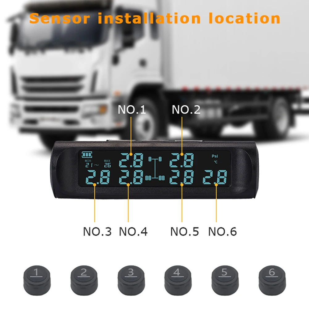 Wireless Car Tire Pressure Monitor 6 External Sensor TPMS Tyre Pressure Monitoring System USB Solar Charging Temperature Alert