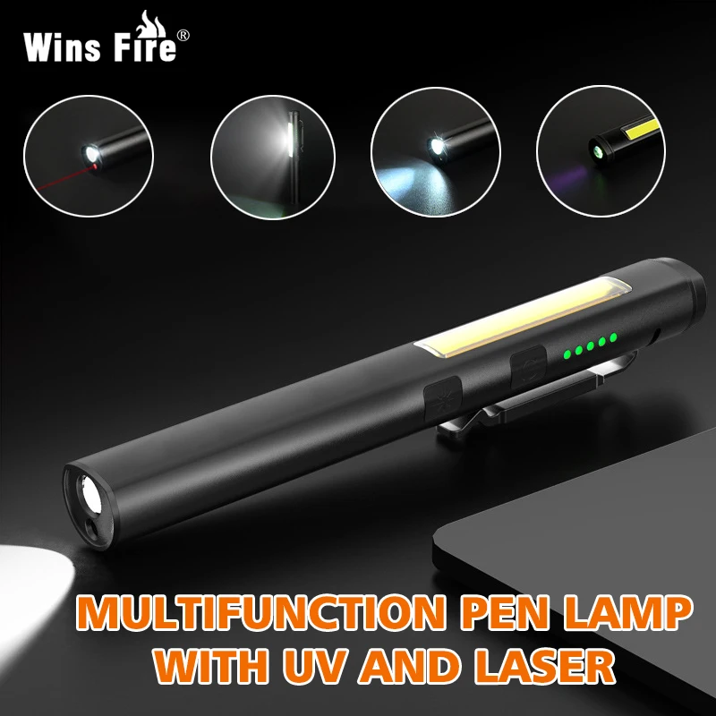 USB Rechargeable UV Flashlight 4 In 1(UV/LED/COB)Multifunctional Mini LED 4 Light Sources Pen Clip Flashlight with Indicator