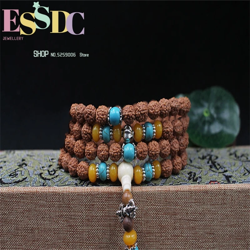 Buddhist 8mm Natural Tibetan Rudraksha Bodhi Seed 108 Mala Jingang Pestle Bone Fringes Prayer Bracelet or Necklace Wholesale