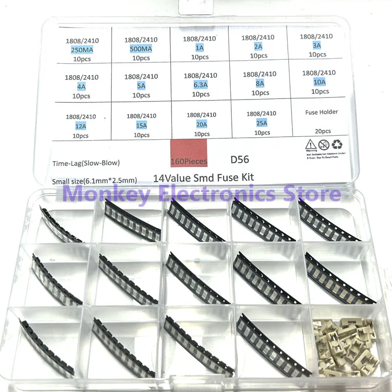 160 sztuk SMD ceramiczny zestaw bezpieczników wolno wydmuchowych 250V 1808 2410 6125 Model prądowy 250ma 500ma 1a z uchwytem bezpiecznika