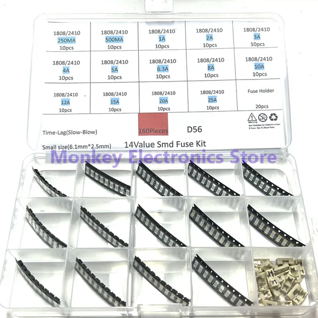 160 sztuk SMD ceramiczny zestaw bezpieczników wolno wydmuchowych 250V 1808 2410 6125 Model prądowy 250ma 500ma 1a z uchwytem bezpiecznika