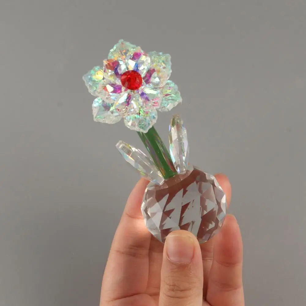 

Round Base Crystal Flower Figurine Handmade Reflect Crystal Sunflower Collectible Durable Sun Catcher Glass Flower Statue