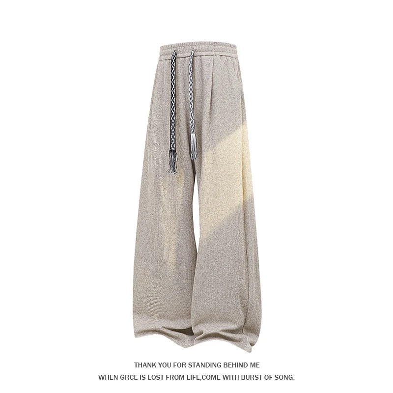 Women Gradient Knit Wide Leg Pants Braided Drawstring Elastic Waist Loose Floor Length Trousers Autumn Winter Streetwear Casual
