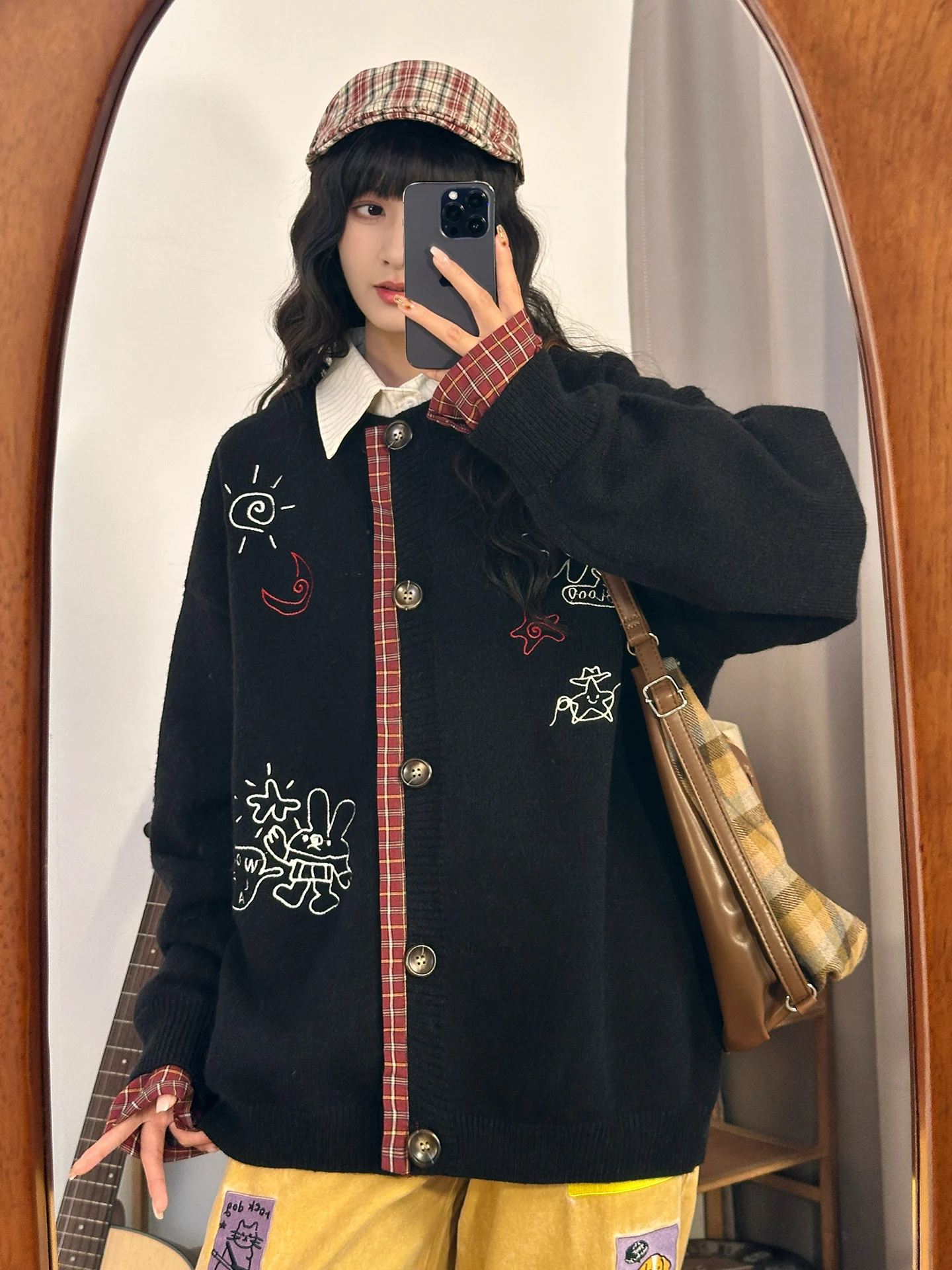 

Американский вязаный кардиган с вышивкой в стиле пэчворк и мультяшными рисунками, имитация двухслойности, женский, осенне-зимний, вязаная кофта