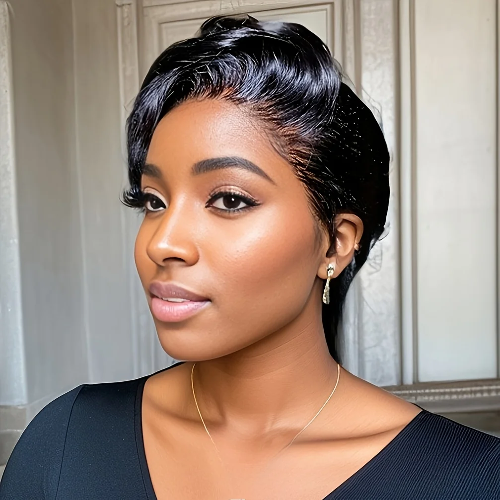 13x4透明レースフロントウィッグ人毛ストレートボブウィッグピクシーカットウィッグ生え際処理済み150%密度ウィッグパーティー日常使用