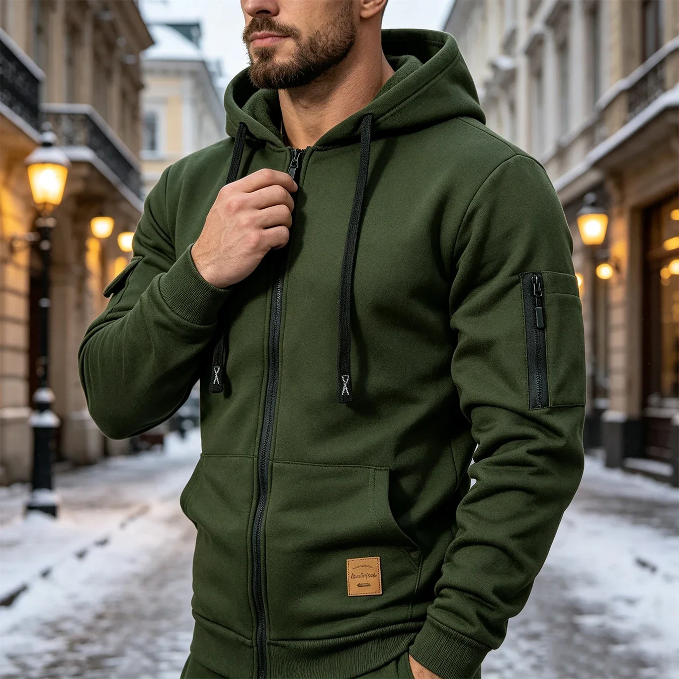 Men Long Sleeve Full Zip Hoodie Drawstring Hooded Jacket Arm Zipper Pocket Decor Label Casual Autumn Outerwear
