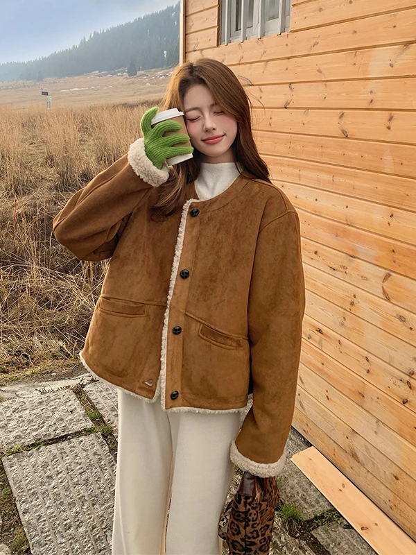 Korean Sle Anti-Aging Lamb Fur Jaet Women's ort Autumn Winter New Small Size Fce Lined Thi Warm Top Casual Loose Fit