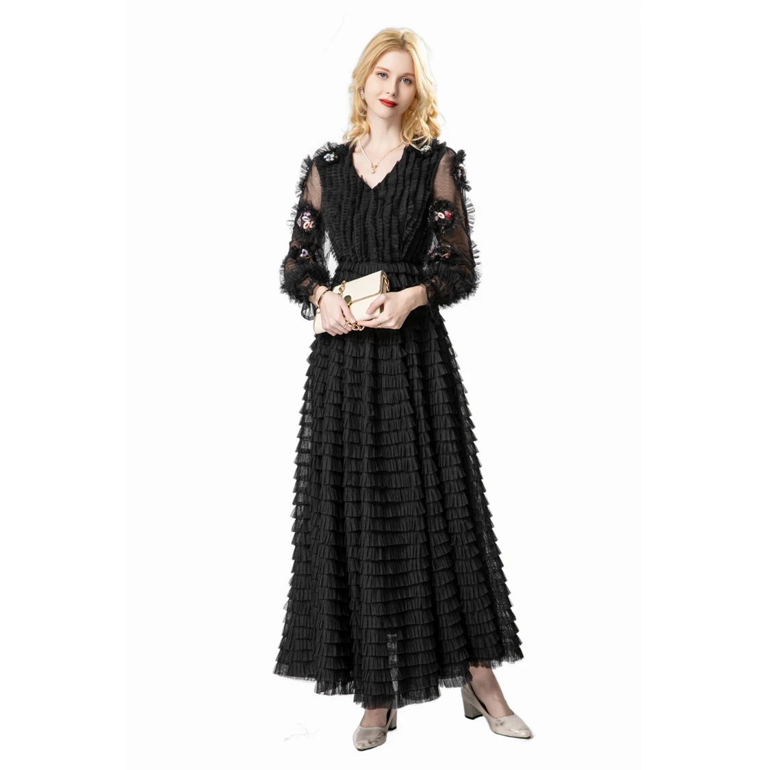 Vestido feminino sexy com decote em v mangas compridas apliques em camadas babados elegante moda festa de formatura vestidos