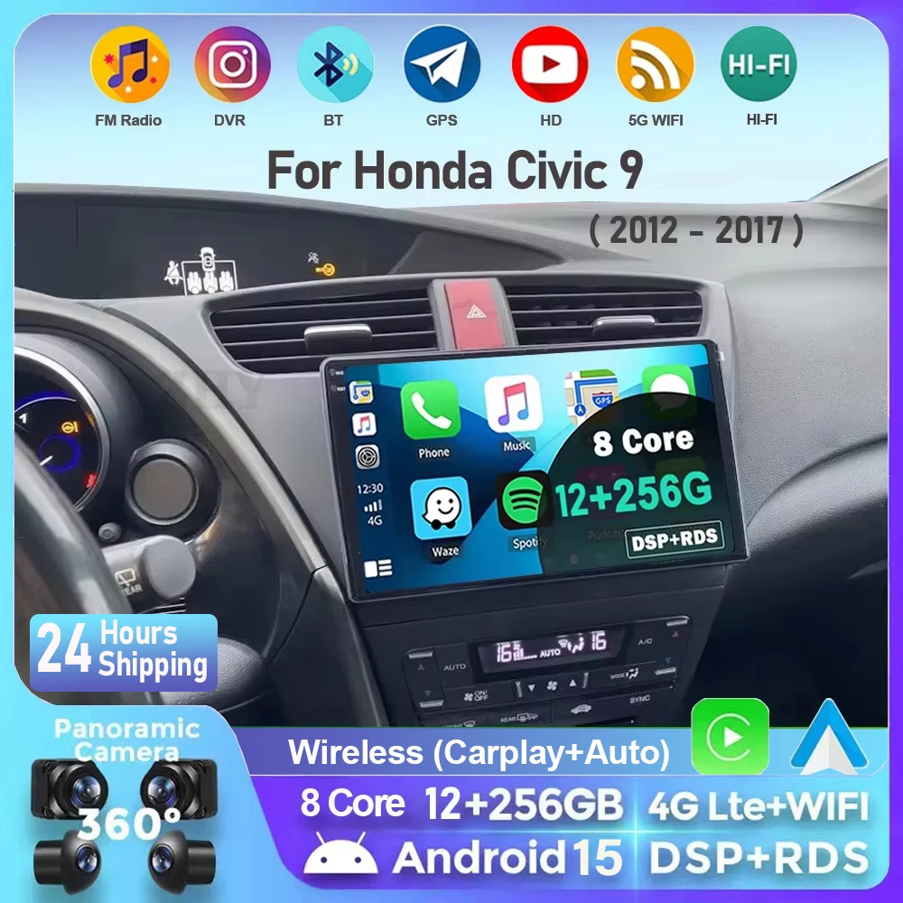 Android 15 para Honda Civic 9 FK FB 2012 - 2017 Radio de coche Carplay reproductor de vídeo Multimedia navegación estéreo GPS DSP IPS 4G WIFI