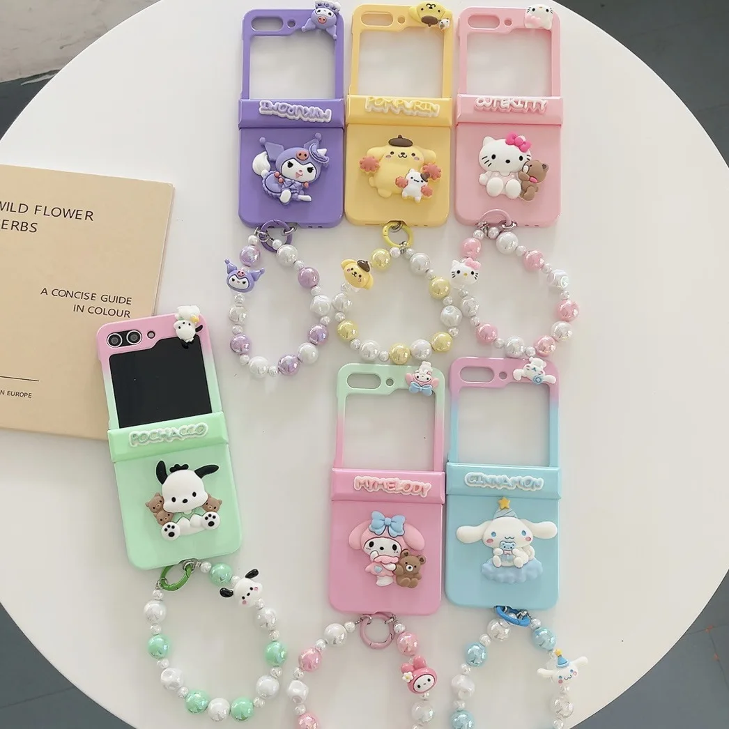 

Applicable gradient 3D cartoon phone case for Galaxy ZFlip3/4 and Samsung ZFlip5 folding protective cover with chain