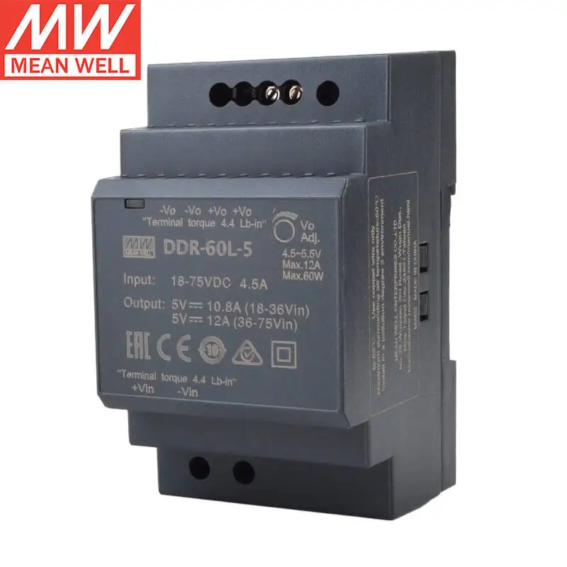 

Tai Wan MEAN WELL DDR-60L-5 5V 12A DIN Rail Type DC-DC Converter Single Output Switching Power Supply Brand New Original